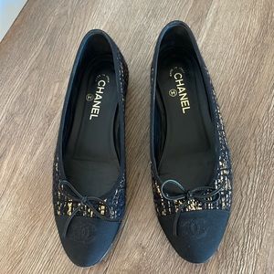 Chanel Gold And Black Tweet Ballet Flats - image 1